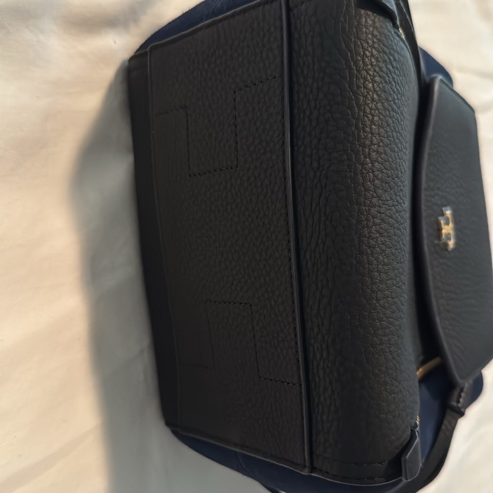 Tory Burch Half Moon Petite Mixed Material Satchel. Blue and Black. - Picture 10 of 13